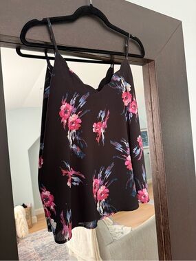 Allison Joy ( Evereve) Floral V-Neck Black Camisole with Pink Accent Flowers